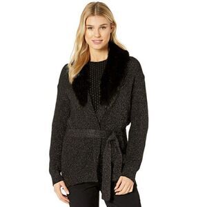 NWT MICHAEL KORS Black gold shimmer Faux Fur Collar Trim Cardigan Belted Sweater